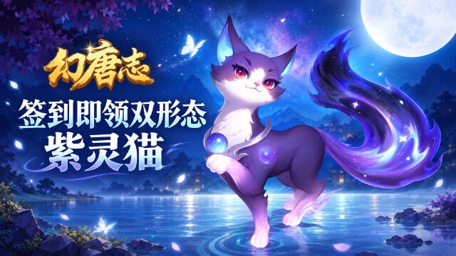 幻唐志同行服萌宠「紫灵猫」签到免费领：1600法资单法双形态，长安城9月25日开启