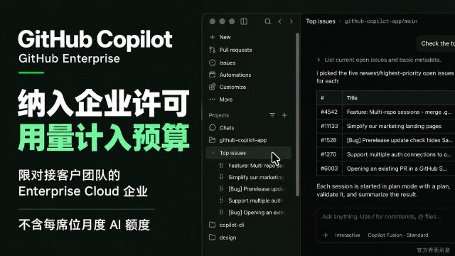 GitHub Copilot 纳入 GitHub Enterprise：符合条件的云端企业可用，AI 用量计入企业预算